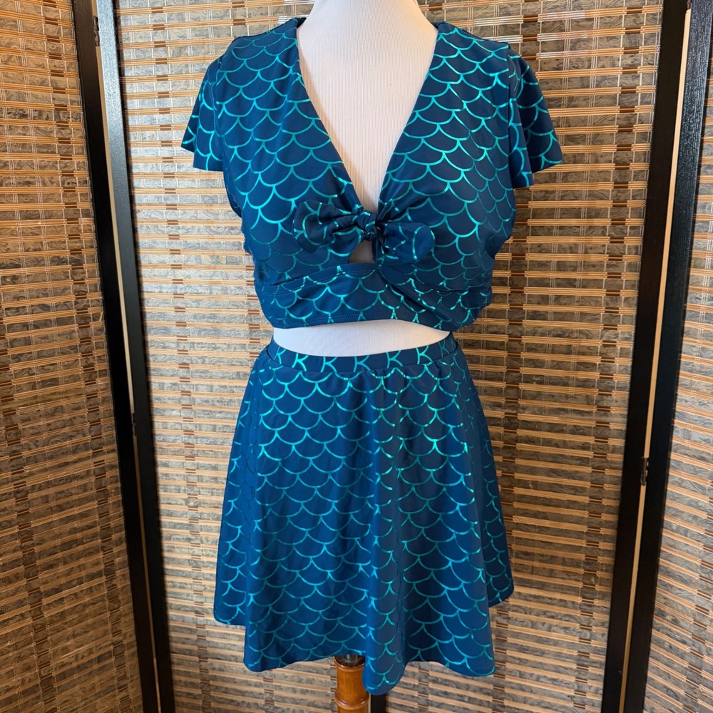 Torrid Bikini Set Women 2X 18/20 Teal Mermaid Scale Foil Flutter Top Swim Skirt